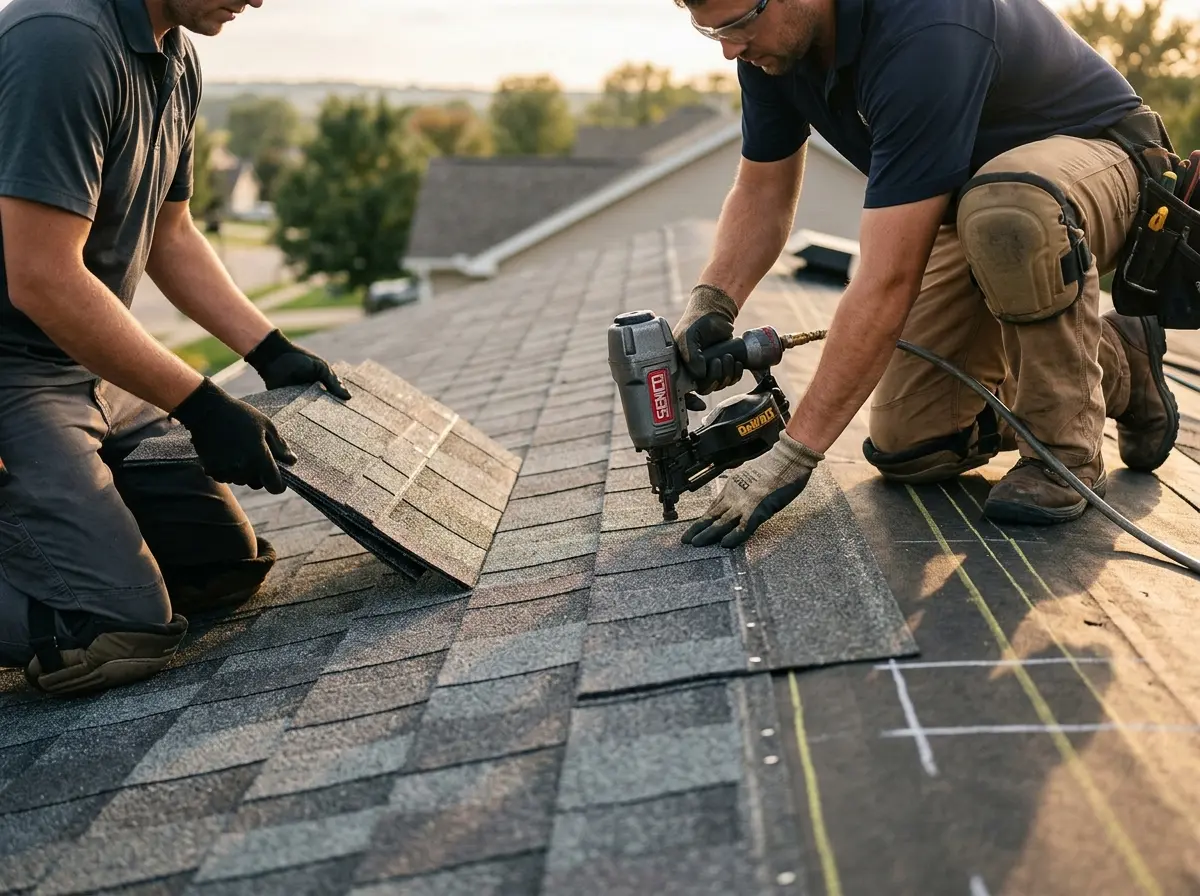 Professional roofer working on a residential roof in Harrodsburg